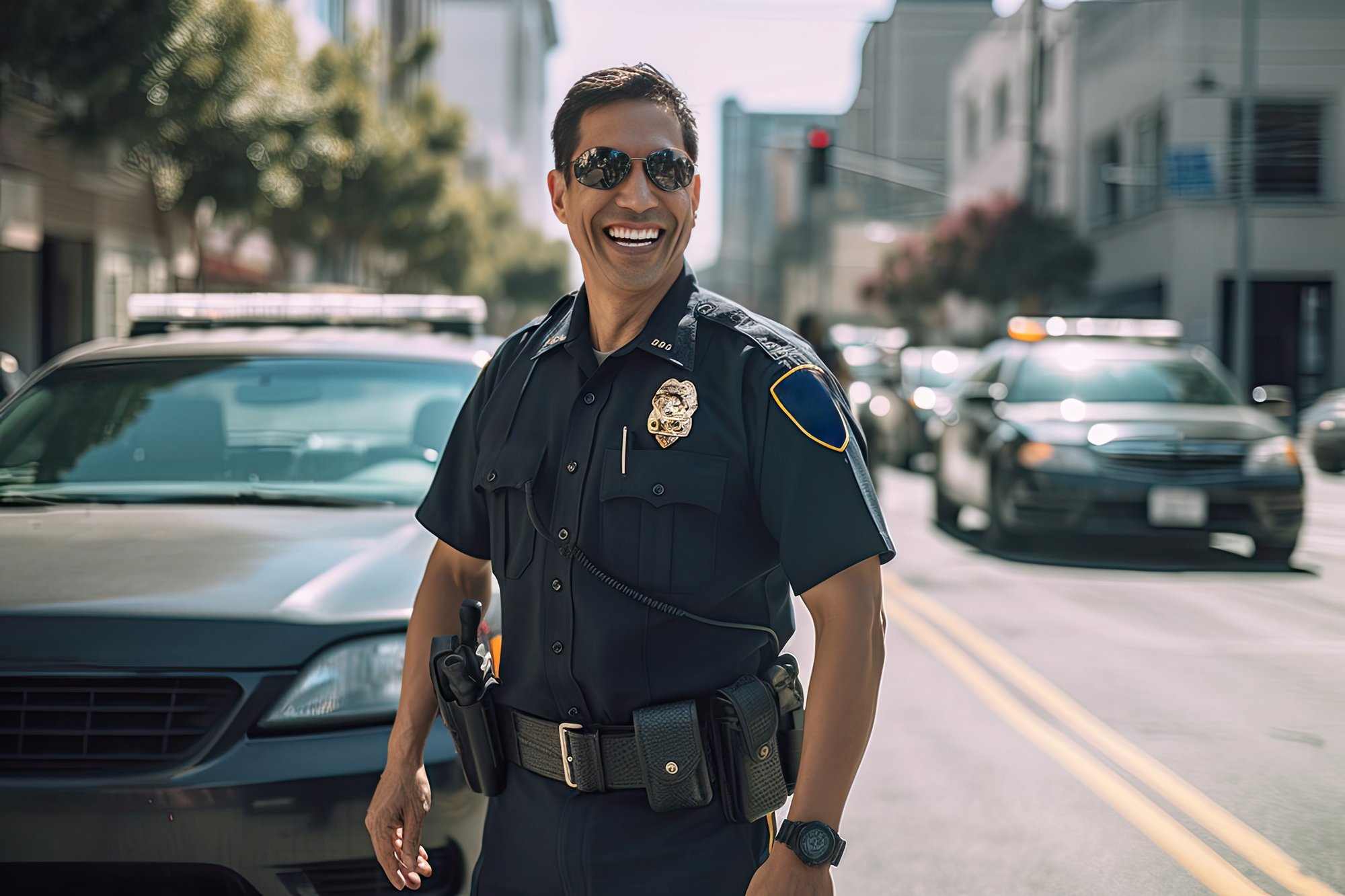 An Adult Uniformed Police Officer Stands Next to a Police Car on a City Street, Protecting and Maintaining Order in the Community.